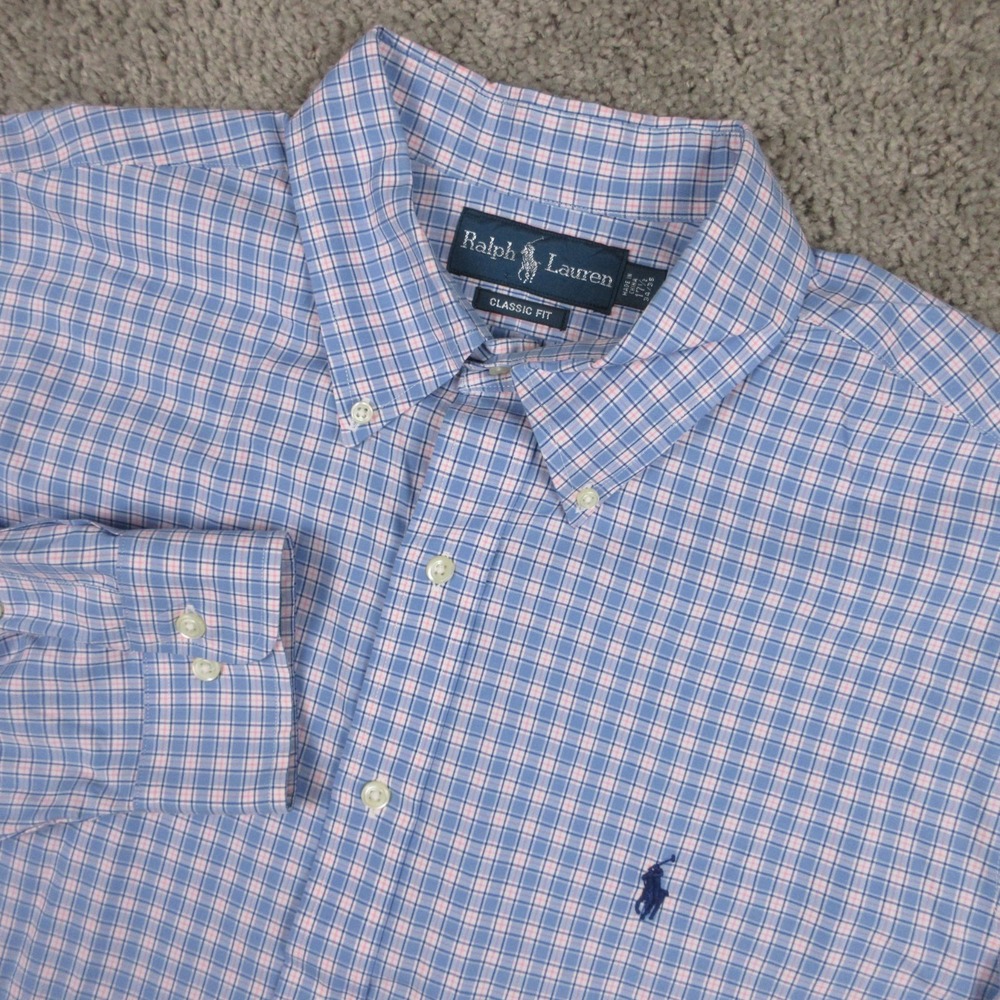 Polo Ralph Lauren Shirt Men XL 17.5 34/35 Blue Pink Plaid Oxford Dress Button Up